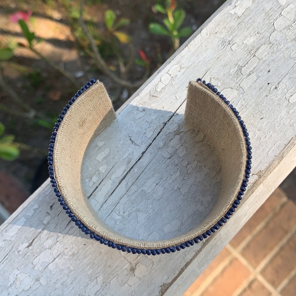Blue & Gold Beaded Cloth & Metal Cuff Bracelet - Picture 7 of 17